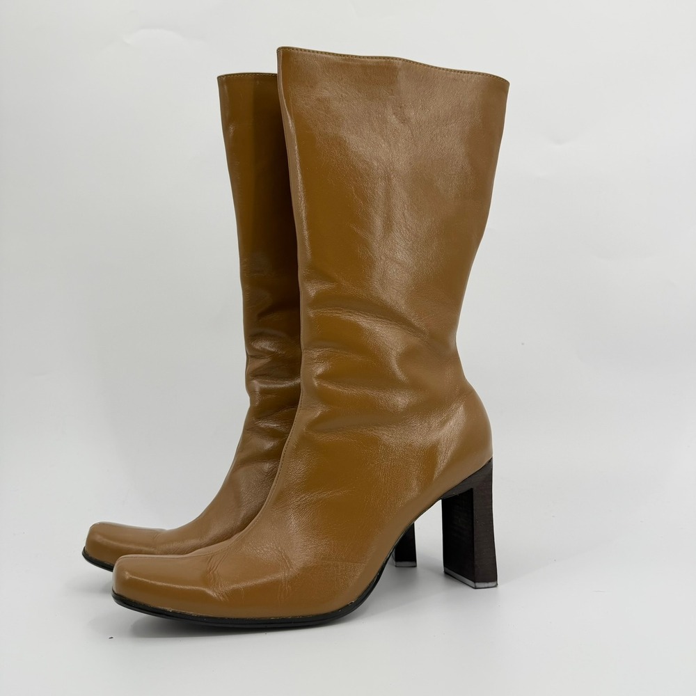 Unbranded Boots Square Toe Block Heel Y2K Women Size 11 Tan Leather Mid Calf